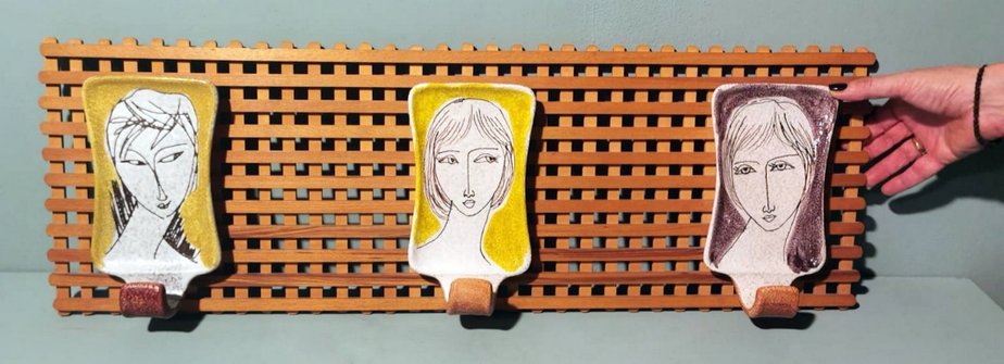 Vintage Italian Wood and Ceramic Coat Rack by Artist Alvaro Cartei