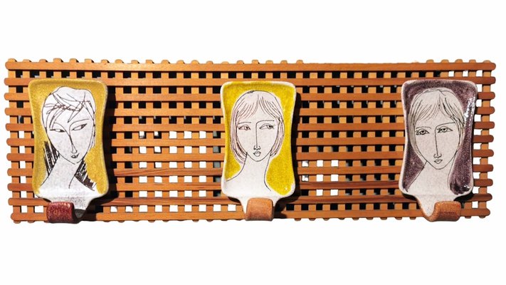 Vintage Italian Wood and Ceramic Coat Rack by Artist Alvaro Cartei 1960s