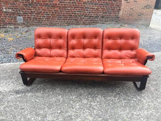 Scandinavian Laminated Wood And Orange Leather Sofa 1960s For
