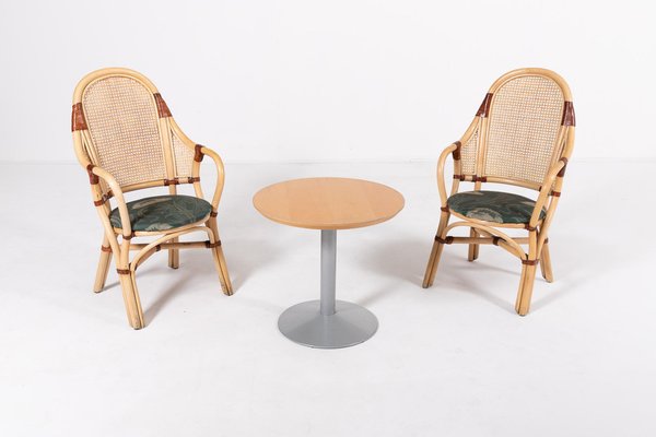 Vintage Rattan Bamboo Indoor Outdoor Chairs with Table 1970s Set of 3 for sale at Pamono