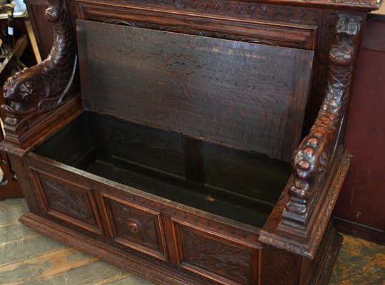 Victorian Oak Monks Bench with Carved Serpent Arms, 1850 for Victorian Oak Monks Bench with Carved Serpent Arms, 1850 for