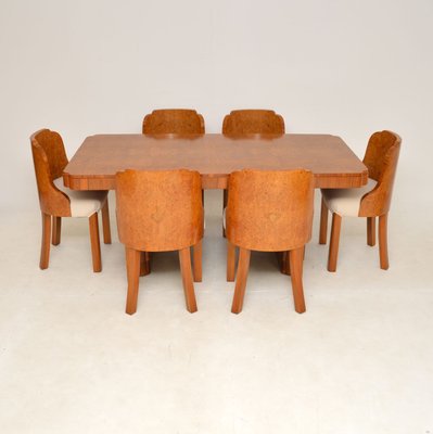 Art Deco Burr Walnut Dining Table and Chairs attributed to Harry and Lou Epstein 1930s Set of 7 for sale at Pamono