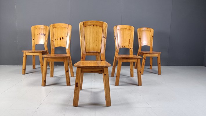 Vintage Pine Wood Dining Chairs, 1970s, Set of for sale at Pamono