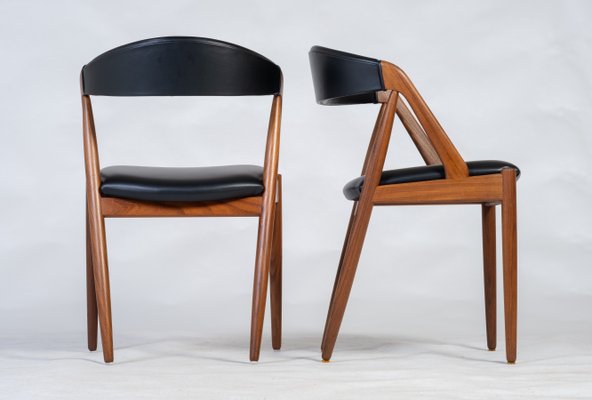 Set of Leather Chairs in Teak by Kai Kristiansen, Denmark, 1960s