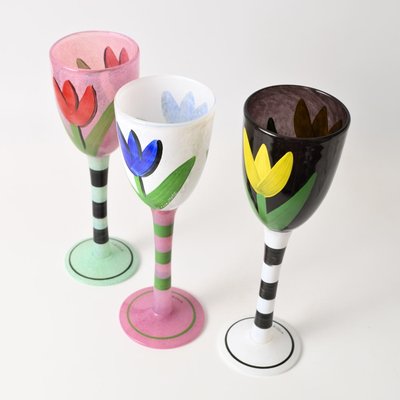 Hand-Painted Wine Glasses by Ulrica Hydman-Vallien for Kosta Boda, 1990s,  Set of 3