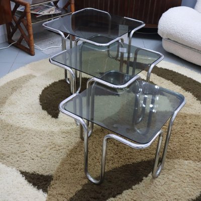 Set tavolini da caffè in ottone e vetro 1970, | Deesup