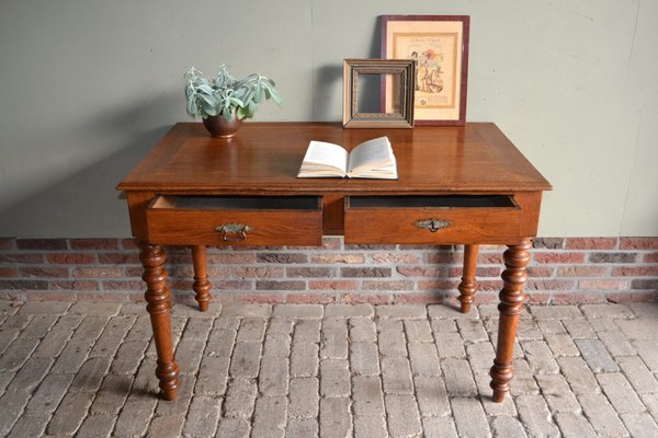 Antique Oak Writing Table with Chair Set of 2