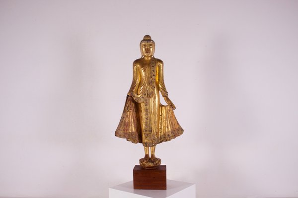 Gilded Teak Standing Mandalay Buddha - Ca 1920 Gilded Teak Standing Mandalay Buddha - Ca 1920