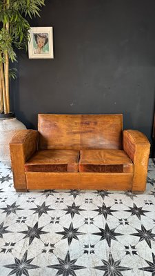 Antique French Leather Club 2-Seater Sofa for sale at Pamono