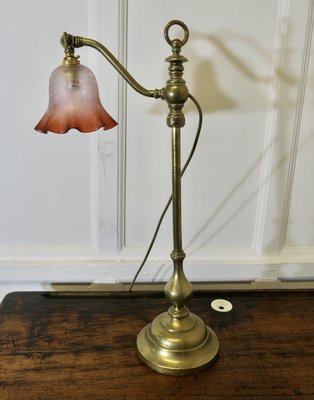 French Brass Desk/Table Lamp with Detailed Pink/Amber Glass Shade
