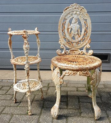 Antique French Classic Cast Iron Chair with Table Set of 2 for sale at Pamono