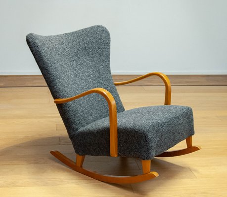Beech Rocking Chair Upholstered with Grey Boucle Fabric Sweden 1940s for sale at Pamono