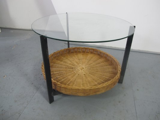 Steel Glass Rattan Side Table, Wicker Glass Lamp Table