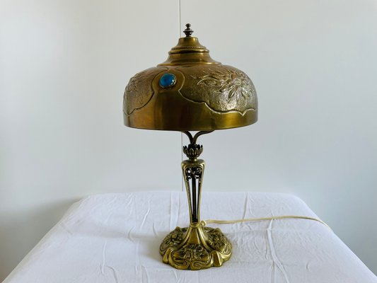 Lustre Art Nouveau Des Années 50 – Bronze, Doré, 2 Abat-jour En Forme De Gouttes, Lampe E27