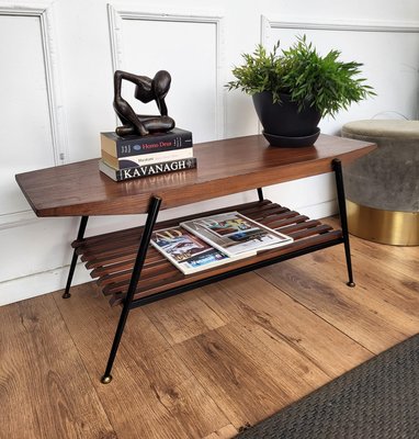 Mid-Century Modern Italian Octagonal Metal Brass Slat Wood Coffee Table,  1950s