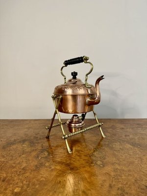 Antique Victorian Copper and Brass Spirit Kettle and Stand, 1880 