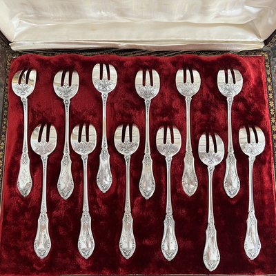 Antique Louis XV Style Oyster Forks in Silver, 1890s, Set of 12