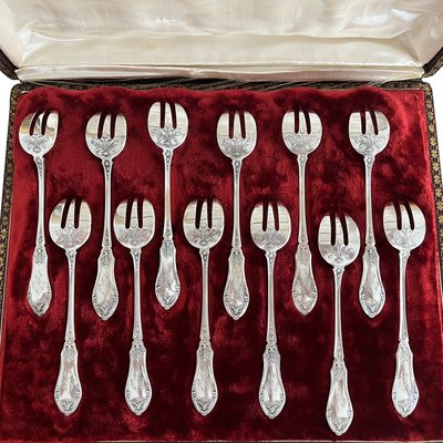Antique Louis XV Style Oyster Forks in Silver, 1890s, Set of 12