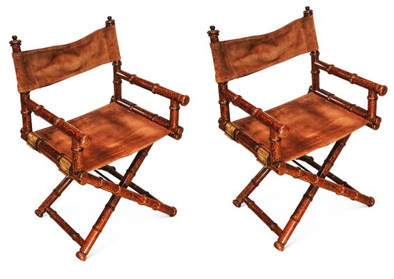 Faux Bamboo Brass Suede Folding Colonial Campaign Chairs by Galerie Leader France 1950s Set of 2