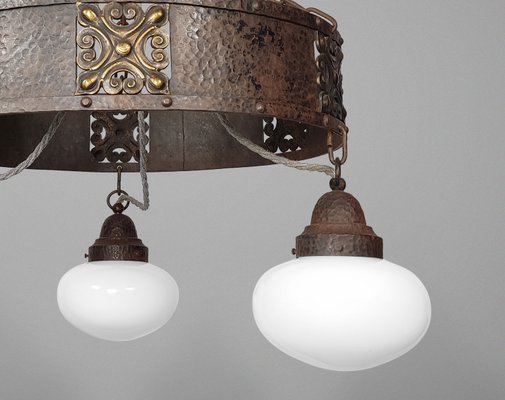 Antique Arts and Crafts Chandelier with Opaline Glass Shades