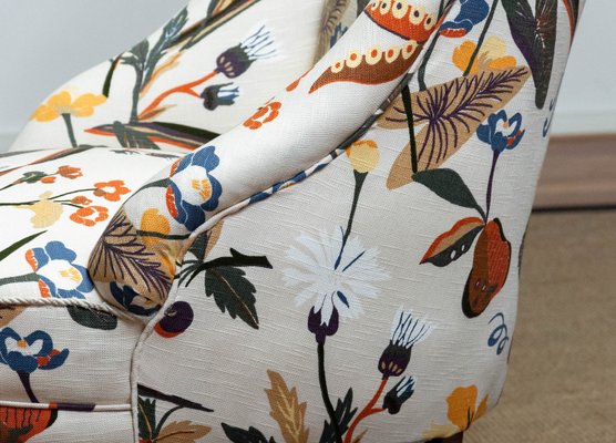 Danish Floral Printed Linen Slipper Chair in the style of J. Frank