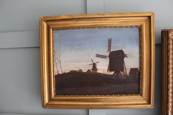 Netherlandish art 1800–1900 Dutch Artist, Windmill Landscape, Late 19th Century, Oil on Canvas