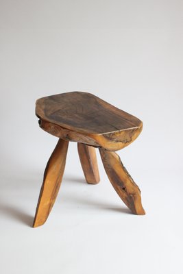 Brutalist Carved Wooden Tripod Stool with Bark, 1950s for sale at