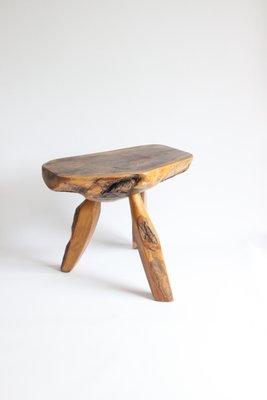 Brutalist Carved Wooden Tripod Stool with Bark, 1950s for sale at