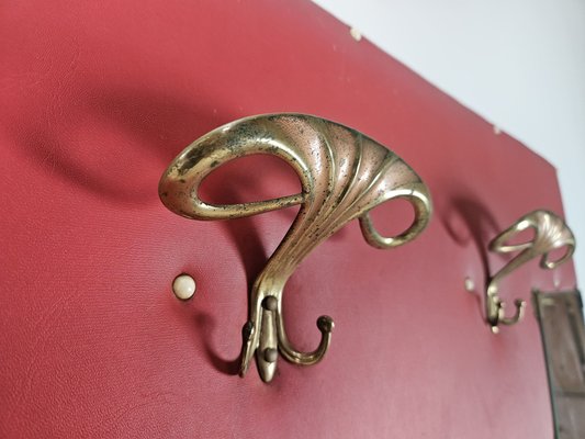 Vintage Coat Hanger in Red Skai with Brass Hooks and Mirror, 1960 - Main Image