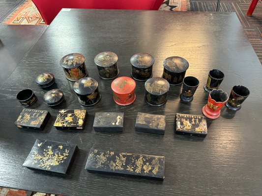 Large Napoleon III Papier-Mâché Boxes and Pyrogens, Set of 21 for