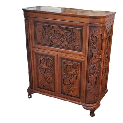 Vintage Chinese Carved Wood Bar Cabinet
