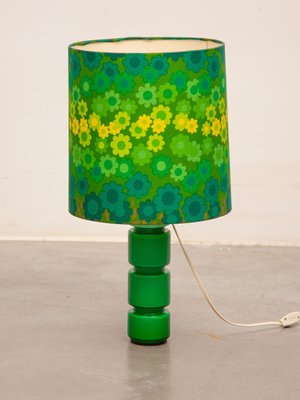 Green Opal Glass Table Lamp with Linen Pop-Art Flower Shade from
