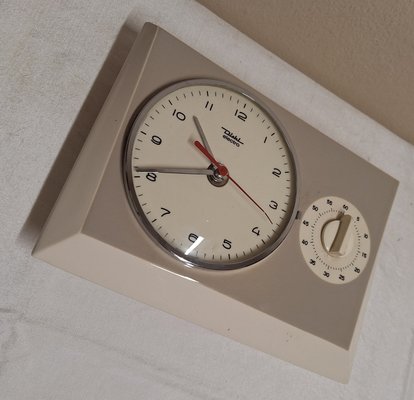 Mid Century German Wall Clock with Egg Timer in Cream White Gray Ceramic Housing by Diehl 1960s for sale at Pamono