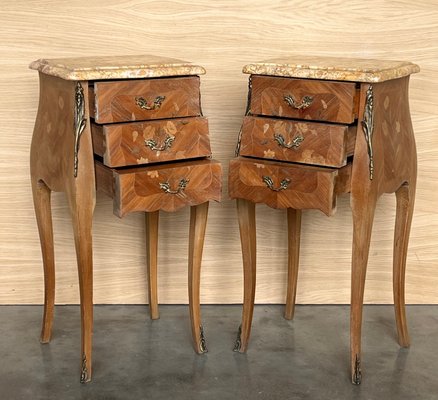 Antique French Louis Xv Marquetry Marble Top Nightstands, 1890s