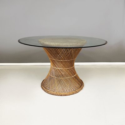 Mid Century Italian Round Dining Table in Glass and Rattan 1960s