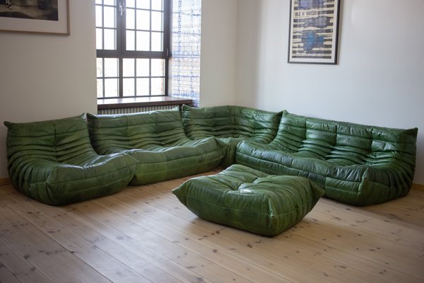 Green Dubiat Leather Togo Sofa Set by Michel Ducaroy for Ligne