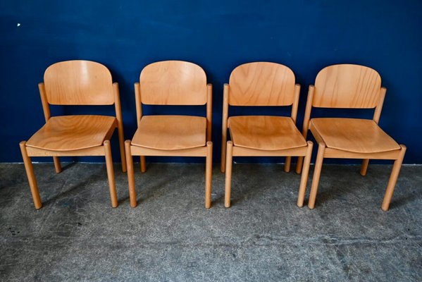 Vintage Scandinavian Light Colored Wooden Stackable Chairs Set of 4