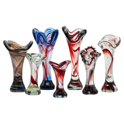 Murano Multi-Coloured Glass Vases, Italy, 1970s, Set of 7