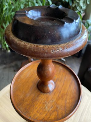 Vintage English Turned Wood 2 Tier Smokers Stand with Bakelite
