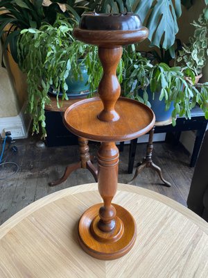 Vintage English Turned Wood 2 Tier Smokers Stand with Bakelite Ashtray, 1930