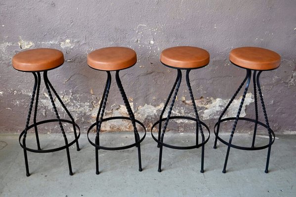 Vintage Bar Stools in Metal and Leatherette 1950s Set of 4