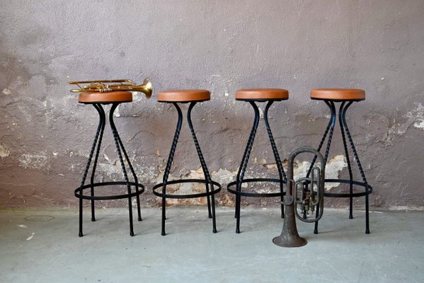Vintage Bar Stools in Metal and Leatherette 1950s Set of 4