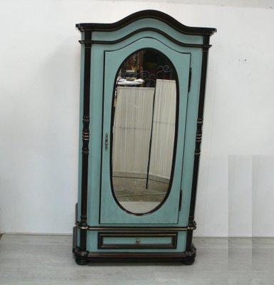 Wardrobe Cabinet 1 Door with Oval Mirror and Drawer in Shabby Mint 1970s