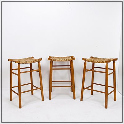 Vintage Bar Stools with Oak and Rush Woven Seat, Set of for sale