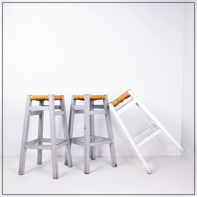 Vintage Wooden Framed Rush Seat Bar Stools, Set of for sale at