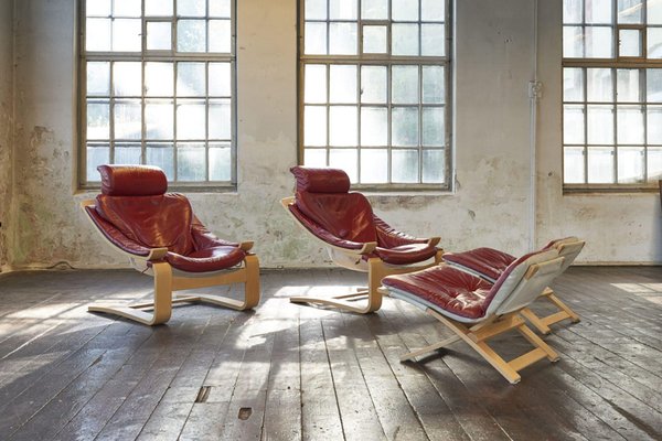 Set of Swedish Kroken Leather Lounge Chairs and Stools by Åke