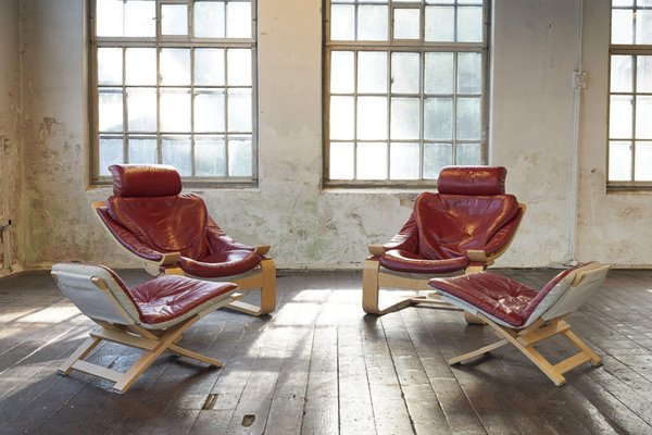 Set of Swedish Kroken Leather Lounge Chairs and Stools by Åke