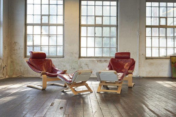 Set of Swedish Kroken Leather Lounge Chairs and Stools by Åke