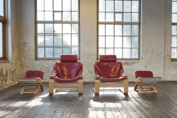 Set of Swedish Kroken Leather Lounge Chairs and Stools by Åke
