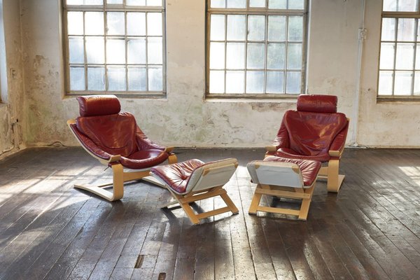 Set of Swedish Kroken Leather Lounge Chairs and Stools by Åke